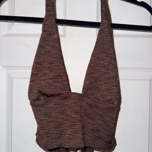 Divided Brown Ribbed Halter Top